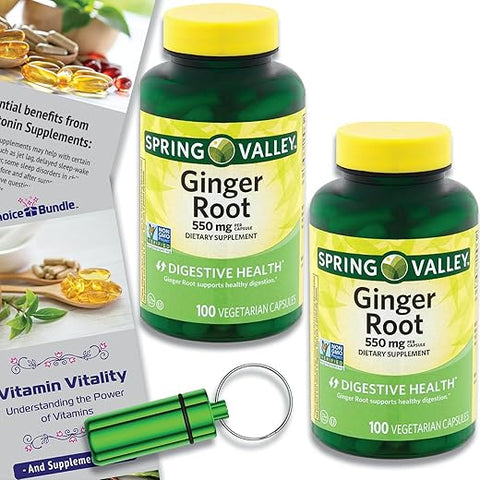 ChoiceBundle - Spring Valley Cápsulas de Suplemento Digestivo de Raiz de Gengibre 550 mg 100 Ct 2 pk Bundle Escolha (200 Total) Guia “Vitalidade Vitamínica” e Recipiente para Comprimidos (4 Itens)