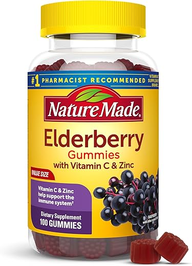 Elderberry com Vitamina C e Zinco, Gomas para Suporte Imunológico, 100 Gomas, Suprimento de 50 Dias - Nature Made