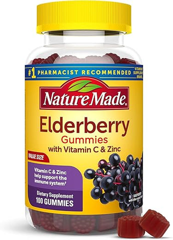 Elderberry com Vitamina C e Zinco, Gomas para Suporte Imunológico, 100 Gomas, Suprimento de 50 Dias - Nature Made
