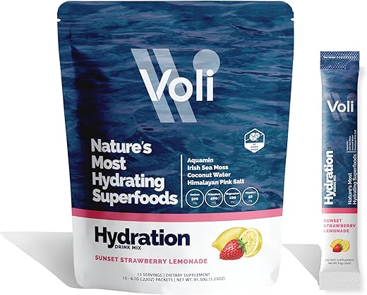 VOLI WELLNESS - Voli Hydration, Morango do Pôr do Sol, Hidratação Superfood, Irish Sea Moss, Aquamin (Magnésio Natural), Água de Coco, Sal Rosa do Himalaia, Hidratação com Baixas Calorias, 15 Porções (Embalagem…)
