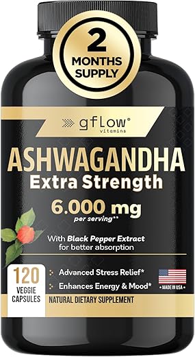 gflow vitamins - Ashwagandha em Cápsulas em Pó Extra Forte 6000mg com Pimenta Preta | Suporte ao Humor, Foco, Energia | Vegano, Não-OGM, Fabricado nos EUA