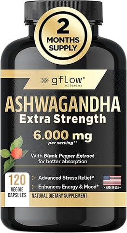gflow vitamins - Ashwagandha em Cápsulas em Pó Extra Forte 6000mg com Pimenta Preta | Suporte ao Humor, Foco, Energia | Vegano, Não-OGM, Fabricado nos EUA