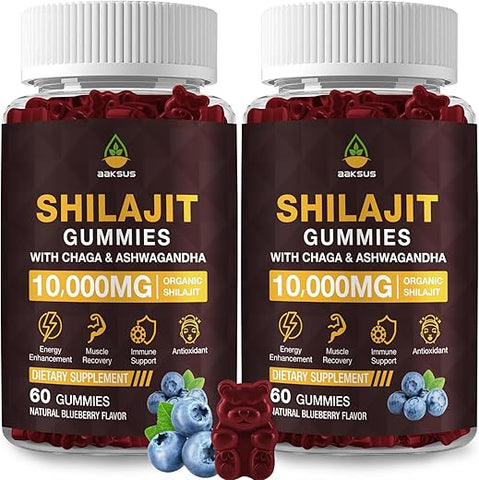 AAKSUS - Gummies de Shilajit com 10.000 MG e 85 Minerais Traços – Energia, Cérebro, Imunidade – Testado por Terceiros – Vegano