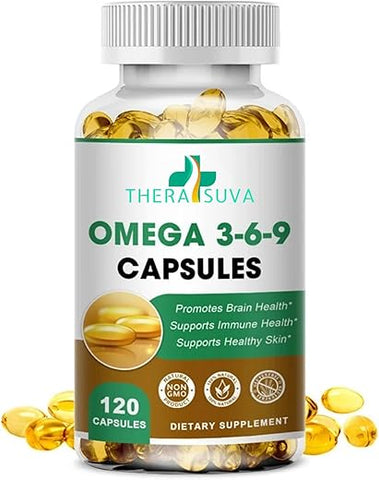 TheraSuva - Suplemento Natural de Ômega 3-6-9 de Alta Potência, 100% Vegano para Saúde do Coração e das Articulações – 120 Softgels, Fornecimento de 60 Dias