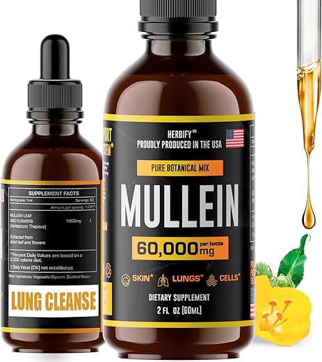 Extrato de Mullein 60 ml, Tintura Livre de Álcool para Saúde Respiratória, Mistura de Folhas e Flores de Mullein Orgânico (Verbascum Densiflorum) - HERBIFY