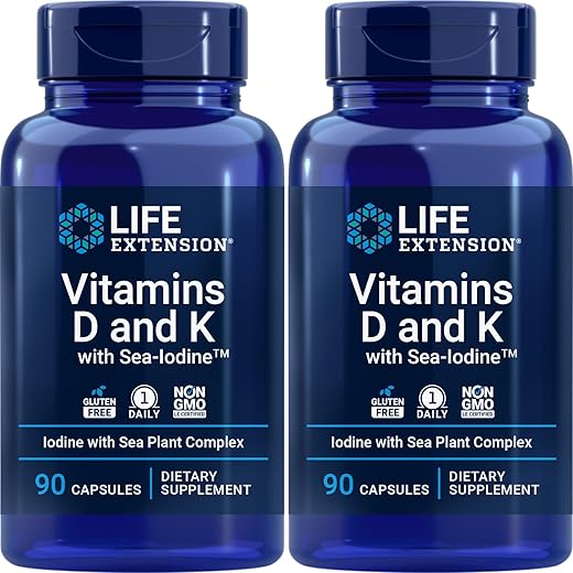 Vitaminas D e K com Sea-Iodine da Life Extension, 90 Cápsulas (Pacote com 2) – Aumente sua saúde com este suplemento essencial!