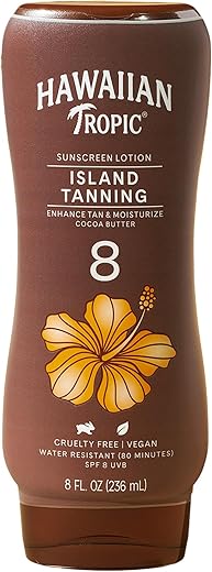 Protetor Solar Hawaiian Tropic Island Tanning Lotion SPF 8, 240ml | Loção Bronzeadora com FPS, Protetor Solar FPS 8, Livre de Oxybenzone, 240ml
