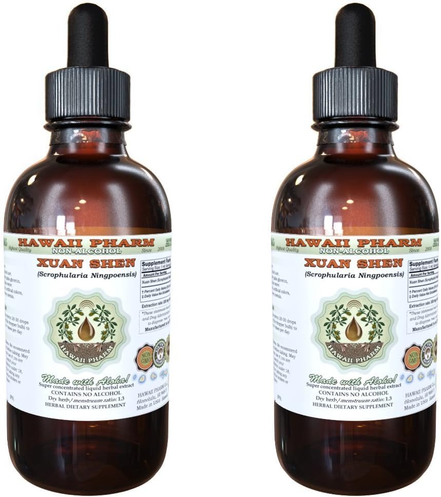Xuan Shen Extrato Líquido Sem Álcool, Xuan Shen, Glicerito de Raiz de Figwort (Scrophularia Ningpoensis) Suplemento Herbal Natural, Hawaii Pharm, EUA 2×120 ml
