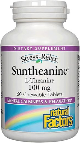 Stress-Relax Chewable Suntheanine L-Theanine 100 mg: Suporte para o Estresse Não Sonolento, Calma Mental e Relaxamento, Sabor de Frutas Tropicais, 60 Comprimidos - Natural Factors