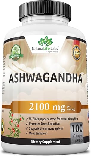 NaturaLife Labs A Higher Standard - Ashwagandha Orgânica 2.100 mg – 100 Cápsulas Veganas de Pó Puro de Ashwagandha Orgânica e Extrato de Raiz – Alívio do Estresse, Melhorador de Humor