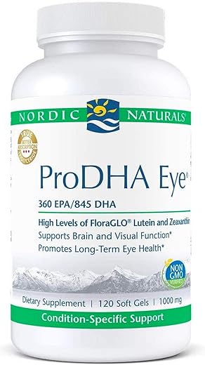 ProDHA Eye – Óleo de Peixe, 360 mg EPA, 845 mg DHA, 20 mg FloraGLO Luteína, 4 mg Zeaxantina, Suporte para Função Neurológica e Saúde Ocular a Longo Prazo, 120 Cápsulas - Nordic Naturals
