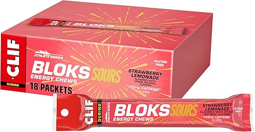 Clif Bloks - CLIF BLOKS SOURS – Sabor Limonada de Morango com Cafeína – Gomas Energéticas – Não-OGM – Baseado em Plantas – Combustível Rápido para Ciclismo e Corrida – Carboidratos e Eletrólitos Rápidos – Marca CLIF