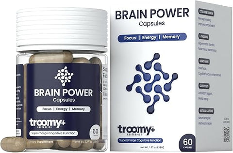 Troomy Nootropics - Troomy Brain Power – Suplemento para Foco e Memória | Citicolina, Cogumelo do Leão, Cordyceps | Melhora a Função e Memória Cerebral – 60 Cápsulas