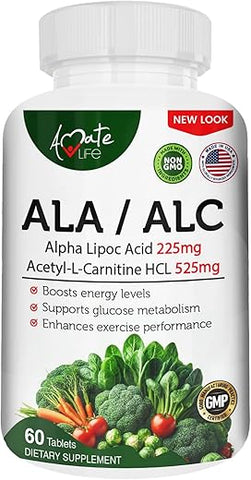 Fórmula de Alta Potência ALA/ALC – Melhor Ácido Alfa Lipoico e Acetil-L-Carnitina HCl – Suplemento Dietético – Suporte Antioxidante – Aumento de Energia – para Homens e Mulheres 60 Cápsulas - Amate Life