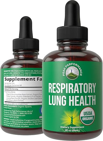 Peak Performance - Detox Pulmonar Orgânico USDA para Fumantes e Não Fumantes com 6 Ingredientes Principais. Folha de Verbascum, Raiz de Altea, Calêndula. Limpeza dos Pulmões para uma Melhor Saúde Respiratória. Gotas Líquidas
