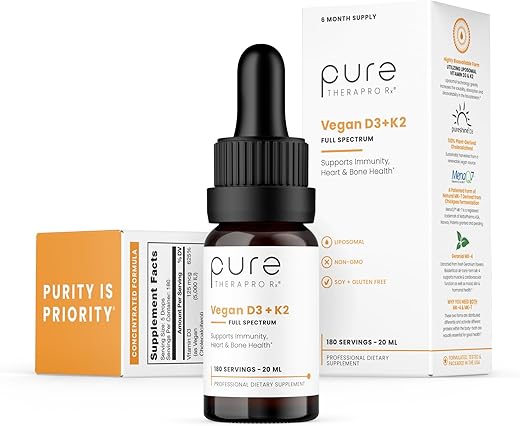 Pure Therapro Rx - Vegan D3 K2 Orgânico 100% Lipossomal | 180 Porções | Máxima Absorção de Vitamina D3 e Vitamina K2 para Homens e Mulheres, Vitamina D3 5000 UI, Vitamina D3 Líquida com K2