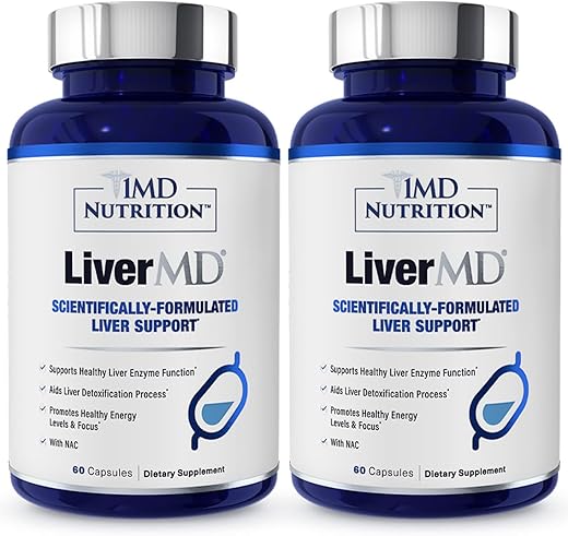 1MD Nutrition - 1MD LiverMD – Suplemento de Suporte ao Fígado | Extrato de Cardo de Leite Siliphos – Altamente Bioacessível, para Suporte ao Fígado | 60 Cápsulas (2-Pack)