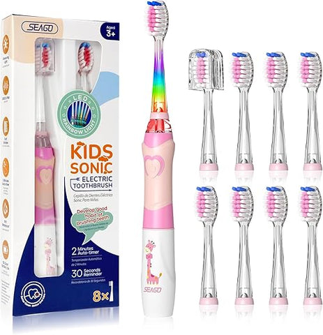 Escova de Dentes Elétrica SEAGO Kids com Temporizador de Escovação de 2 Minutos e 8 Cabeças de Escova Substituíveis, Luz LED Arco-Íris para Tornar a Escovação Divertida, Escova de Dentes Rosa a Pilha para Meninas de 4-12 Anos