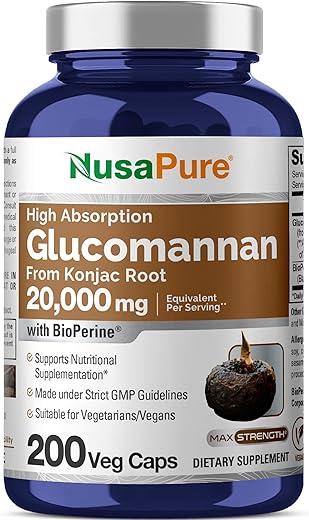 Glucomannan 20.000 mg por Porção 200 VCaps (20:1 Extrato, BioPerine Não-OGM, Vegano) Raiz de Konjac – Compre Agora! - NusaPure