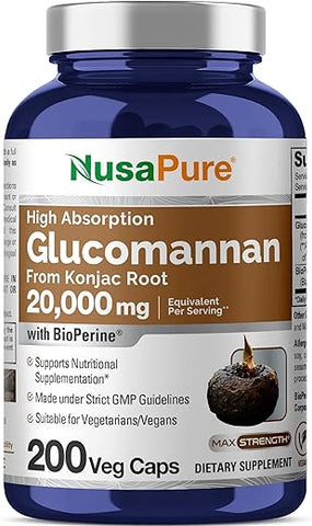 Glucomannan 20.000 mg por Porção 200 VCaps (20:1 Extrato, BioPerine Não-OGM, Vegano) Raiz de Konjac – Compre Agora! - NusaPure