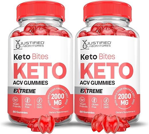 Justified Laboratories - (2 Pacotes) Gomas Keto Bites Keto ACV Extreme Formula 2000MG Vegan Non GMO com Suco de Romã Beterraba B12 120 Gomas – Marca Keto Bites