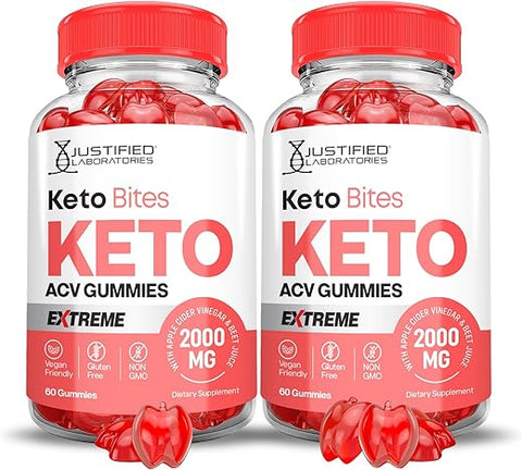 Justified Laboratories - (2 Pacotes) Gomas Keto Bites Keto ACV Extreme Formula 2000MG Vegan Non GMO com Suco de Romã Beterraba B12 120 Gomas – Marca Keto Bites