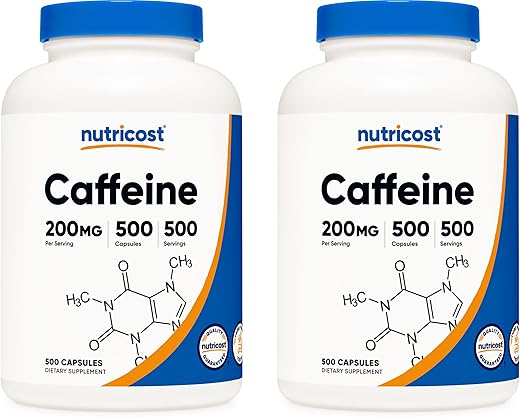 Caffeine 500 Cápsulas, 200mg por Cápsula (2 Frascos) – Energia e Foco - Nutricost
