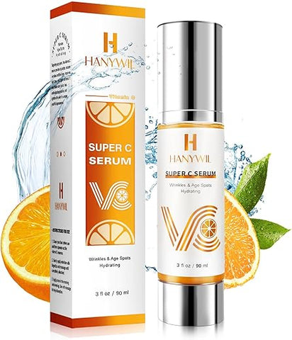 HANYWIL - Sérum Facial Super Vitamina C, Com Ingredientes Naturais para Manchas de Idade, Rugas, Hidratação, Cuidados Anti-Envelhecimento, Firmeza, Levanta, Suaviza, Vitamina C Sérum Facial 90 ml