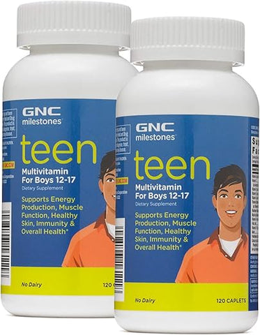 Milestones Teen Multivitamínico para Meninos 12-17, Duplo Pack, 120 Comprimidos por Frasco, Suporta Produção de Energia e Função Muscular - GNC