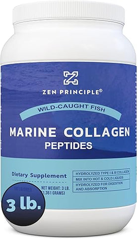 Pó de Peptídeos de Colágeno Marinho Zen Principle 3 lb. Peixe Selvagem, Não-OGM. Suporta Pele, Cabelo, Articulações e Ossos Saudáveis. Tipo 1 Hidrolisado