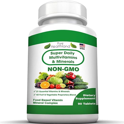 Pure Healthland - Suplemento Multivitamínico Diário Super Natural Sem OGM para Adultos Homens Mulheres Idosos com 42 Frutas Vegetais Naturais, 21 Vitaminas Minerais Essenciais. 90 Comprimidos. Vegano
