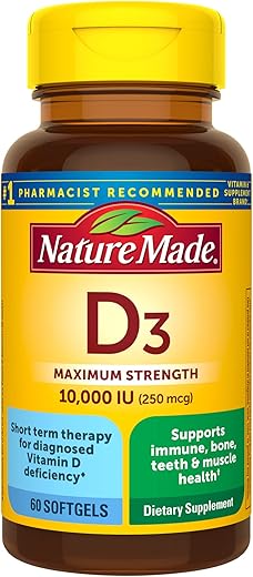 Vitamina D3 10000 UI (250 mcg), Suporte para Saúde Óssea, Dental, Muscular e Imunológica, 60 Softgels, 60 Dias de Fornecimento - Nature Made