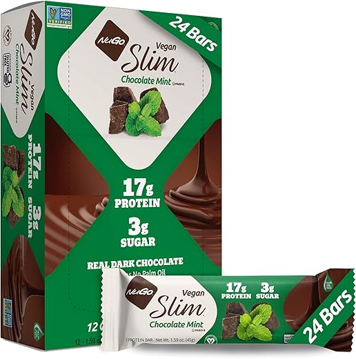 NuGo - Nugo Slim Chocolate Amargo Menta, 18g Proteína Vegana, 3g Açúcar, 6g Fibra, Baixo Carboidrato Líquido, Amigo do Keto, Sem Glúten, 24 Unidades