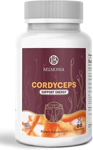 Belmonia - Gummies de Cogumelo Cordyceps | 5400mg por Porção | Cereja, Uva, Maçã, Laranja | 60 Gummies de Pectina | Estimulante Natural de Energia e Resistência | Suplemento Vegano | Fabricado nos EUA