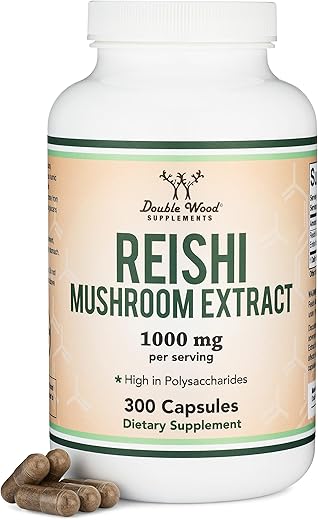 Double Wood Supplements - Cápsulas de Cogumelo Reishi (Extrato de Ganoderma 4:1, 1.000mg de Pó de Reishi Vermelho) 300 Unidades, Suprimento de 5 Meses, Suplemento Potente de Cogumelo para Suporte e Defesa do Sistema Imunológico