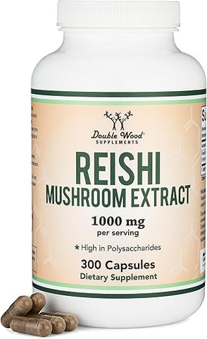 Double Wood Supplements - Cápsulas de Cogumelo Reishi (Extrato de Ganoderma 4:1, 1.000mg de Pó de Reishi Vermelho) 300 Unidades, Suprimento de 5 Meses, Suplemento Potente de Cogumelo para Suporte e Defesa do Sistema Imunológico