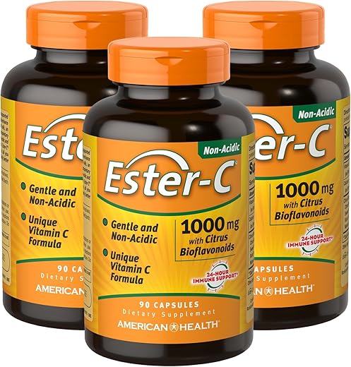 Ester-C 1000 mg com Bioflavonoides Cítricos – 90 Cápsulas (Pacote com 3) – Suporte Imunológico 24 Horas – Não-OGM, Livre de Glúten – 270 Porções Totais - American Health