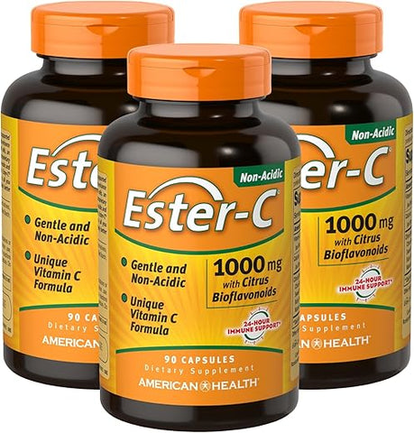 Ester-C 1000 mg com Bioflavonoides Cítricos – 90 Cápsulas (Pacote com 3) – Suporte Imunológico 24 Horas – Não-OGM, Livre de Glúten – 270 Porções Totais - American Health