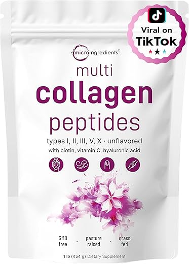 Micro Ingredients - Pó de Peptídeos de Colágeno Multi, 454g – Peptídeos de Proteína Hidrolisada | Tipo I,II,III,V,X com Ácido Hialurônico, Biotina