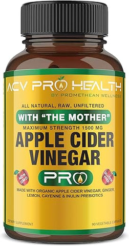 Promethean Wellness - ACV Pro Cápsulas de Vinagre de Maçã Orgânico Certificado com Mãe – Suplemento de Suporte para Desintoxicação, Alívio do Refluxo Ácido, Raiz de Gengibre e Pimenta Caiena em Pó