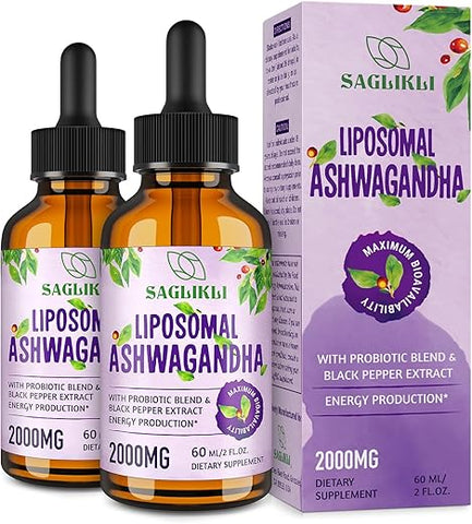 Saglikli - Gotas Líquidas de Ashwagandha Lipossomal 2000mg, Extrato de Raiz de Ashwagandha (7%% Withanolides) com Extrato de Pimenta Preta
