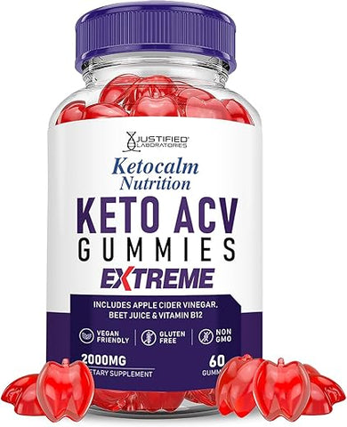 Justified Laboratories - Ketocalm Nutrition Gummies Extreme 2000MG ACV Keto Calm Nutrition Apple Cider Vinegar Pomegranate Beet Juice Powder B12 Vegan Non GMO 60 Gummys