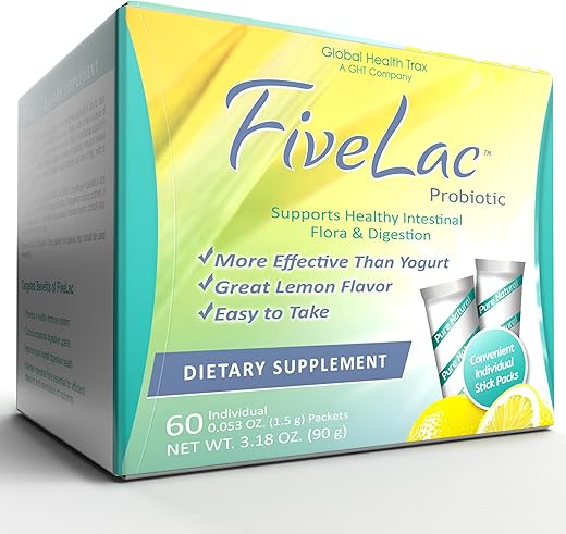 Global Health Trax - GHT – FiveLac Limão Pó Probiótico para Bebida, Probióticos para Mulheres, Homens e Crianças – Suporte Digestivo Suave e Eliminação – Alívio de Constipação e Gases Ocasionais – 60g