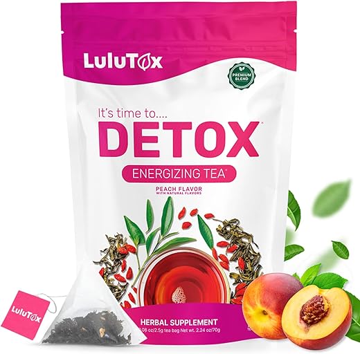 LULUTOX - Chá Detox Herbal com Dente-de-leão, Ginseng e Gengibre – Favorece o Peso Saudável, Saúde Digestiva – Vegano, 100% Natural, Sem Laxantes – Sabor Pêssego (28 Porções)