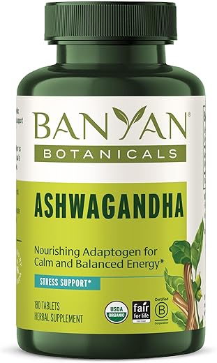 Ashwagandha Tablets – Raiz de Ashwagandha Orgânica – Adaptógeno Herbal Renomado para Suporte Natural de Energia e Estresse – 180 Comprimidos – Não-OGM Sustentável - Banyan Botanicals