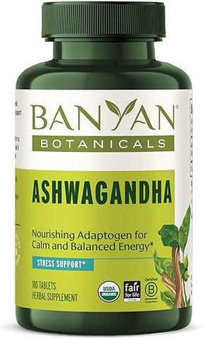 Ashwagandha Tablets – Raiz de Ashwagandha Orgânica – Adaptógeno Herbal Renomado para Suporte Natural de Energia e Estresse – 180 Comprimidos – Não-OGM Sustentável - Banyan Botanicals