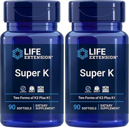 Super K – Vitamina K1, Vitamina K2 mk-7, Vitamina K2 mk-4, Vitamina C – Saúde Óssea/Cardíaca/Arterial – 3 Meses de Suprimento – Sem Glúten – 1 Diária – Não-OGM – 90 softgels (Pacote com 2) - Life Extension