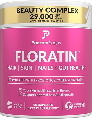 PharmaSupps - FLORATIN – Vitaminas para Cabelo, Pele e Unhas com Biotina | Colágeno | Queratina | Probióticos – Vitaminas de Biotina