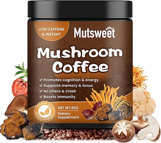 Mutsweet - Blend de Cogumelos para Café, Smoothies e Lattes – Pó de Cogumelo (57 Porções) com Lion’s Mane, Reishi, Cordyceps, Turkey Tail, Chaga – Energia, Foco, Imunidade
