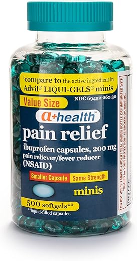 A+Health - Mini Ibuprofeno 200 mg Softgels, Analgésico/Antifebril (AINE), Fabricado nos EUA, 500 Unidades